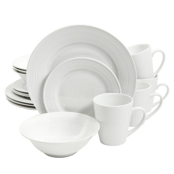 Gibson Home Embossed Buffet 16 Piece Dinnerware Set, White, Fine Ceramic