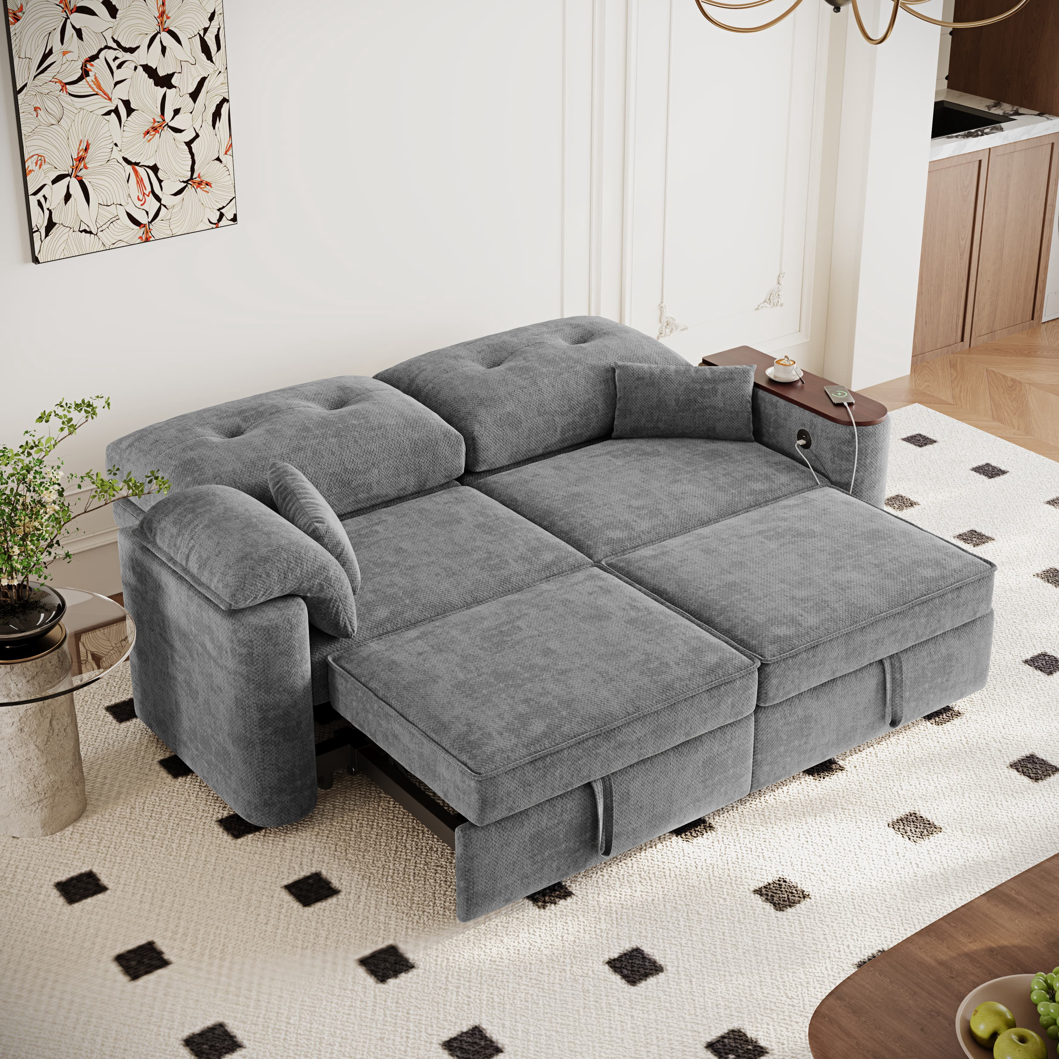 Aukfa 82" 3-in-1 Convertible Sleeper Sofa, Modern Chenille Queen Pull-Out Sofa Bed with USB/Type-C Ports & Rotating Side Table for Living Room & Apartment,Gray