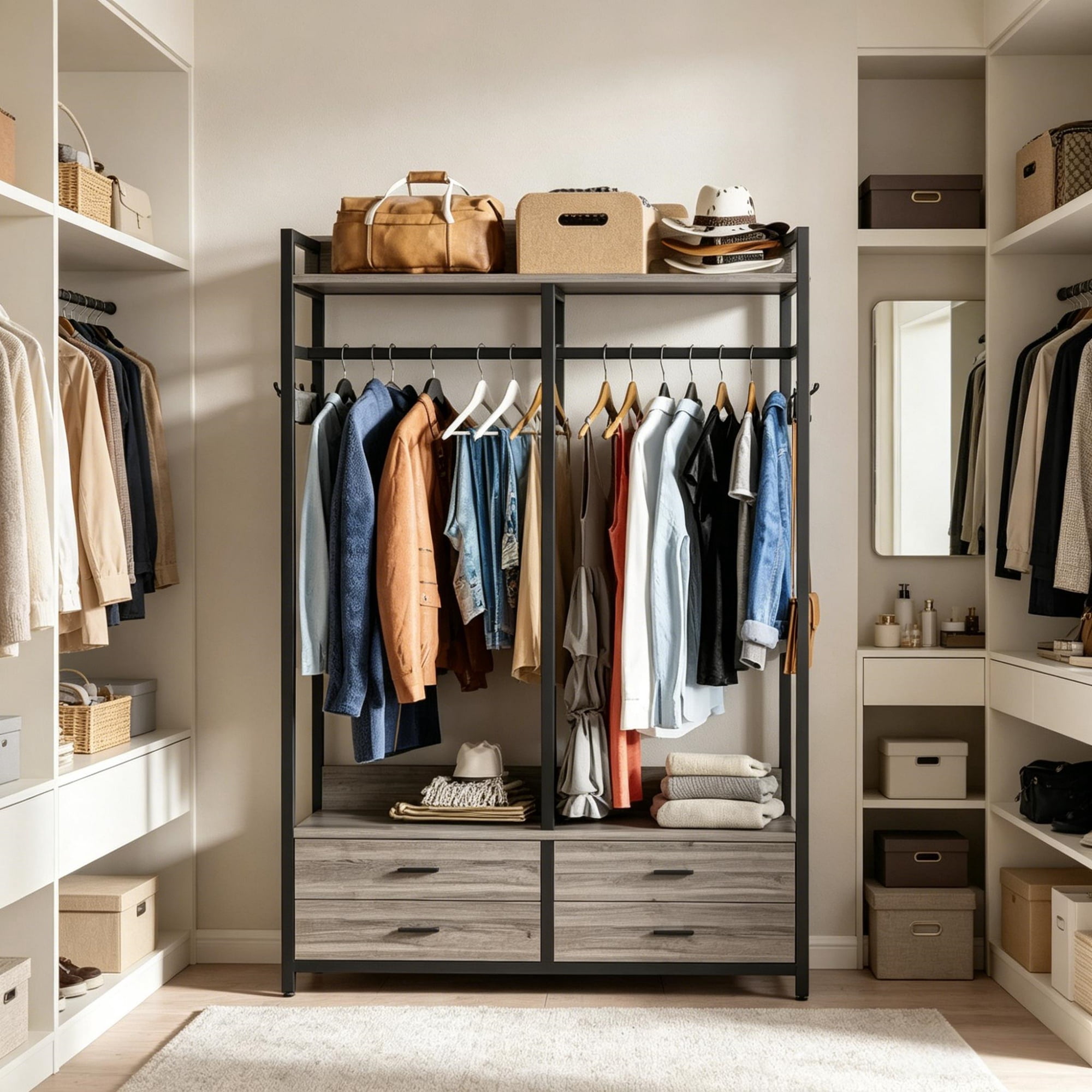 Coat Rack with Shelves, 4 Drawers, and 8 Hooks, 72.83 in