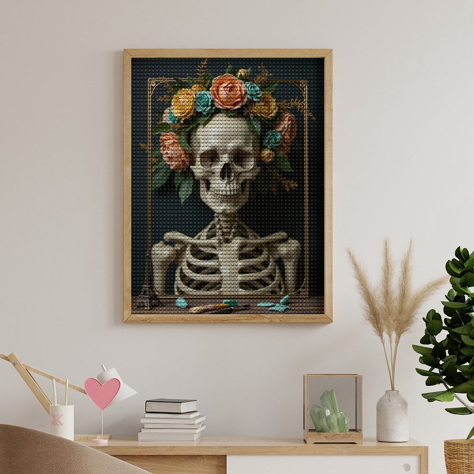 Diamond Art Kits for Adults, Skeleton With Floral Crown Painting Tools 5D Diamond Painting Kits for Adults Beginners, DIY Full Drill Diamond Painting, Gem Art and Crafts 12x16