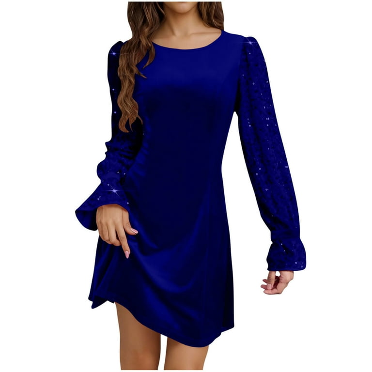 Bltiby Womens Velvet Sequin Dress Long Sleeve Round Neck Wedding Guest Mini Dresses Formal Cocktail Prom Party Clothes Blue XXL, Women's, Size: 2XL