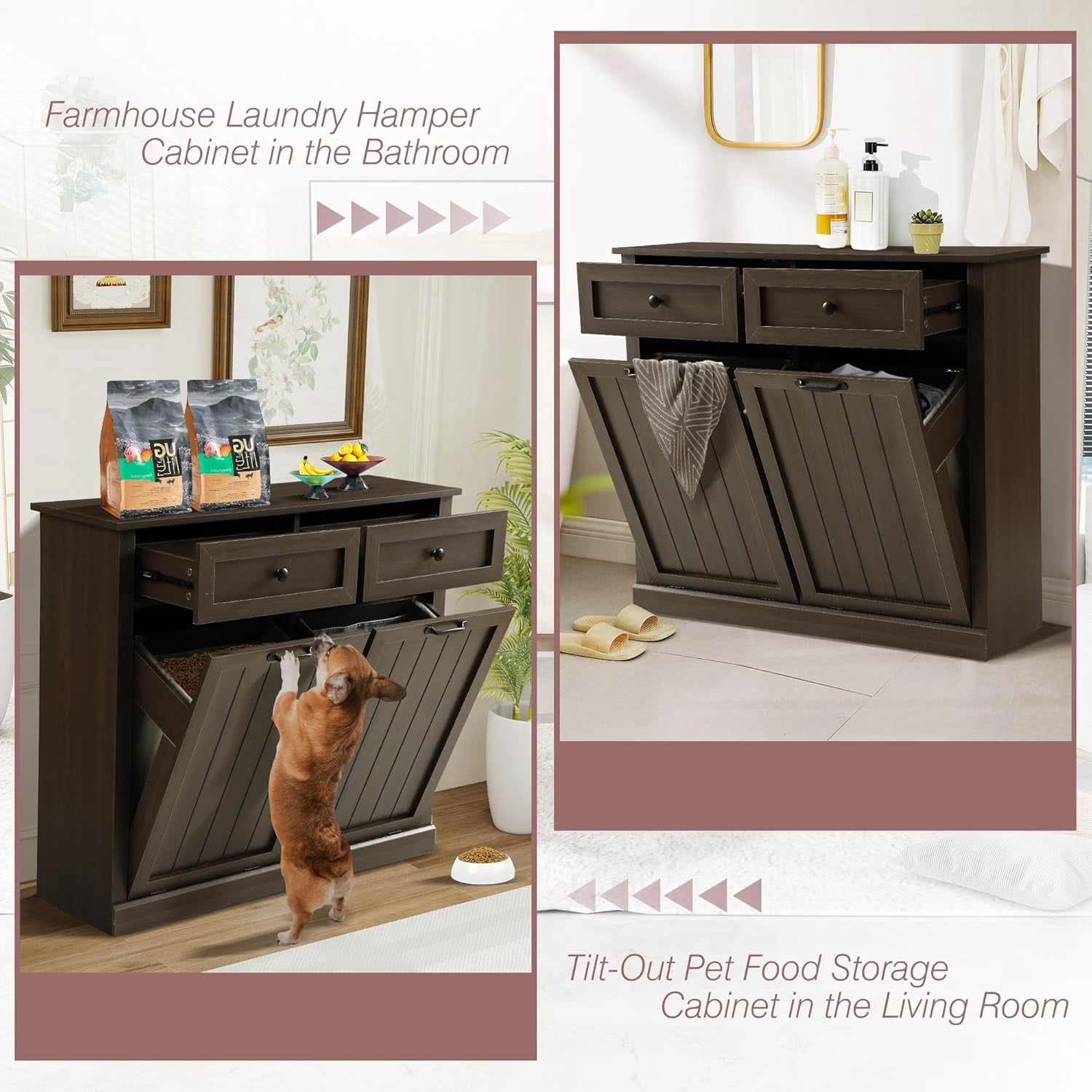 Haverchair Double Tilt Out Laundry Hamper Cabinet, Modern Farmhouse Trash Can Cabinet w/2 Drawers, Wooden 20 Gallon Hidden Garbage Cabinets with 2 Laundry Storage Baskets for Kitchen and Bathroom