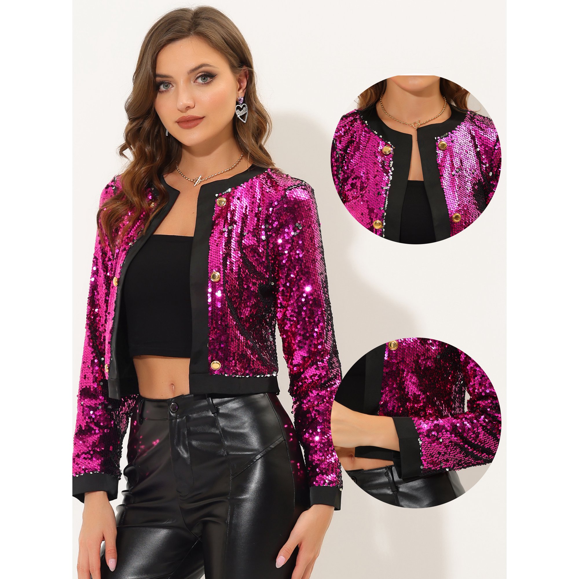 Veste Pailletée Femme – Blazer Sequins Manches Longues – Style Années 80 – Pour Soirée, Club, Danse