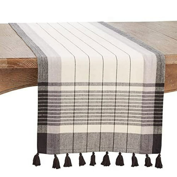 Fennco Styles Striped Tassel Cotton Table Runner 16" W x 72" L - Black & White Woven Table Cover for Home, Dining Room, Banquets, Family Gatherings , Holidays and Special Occasion