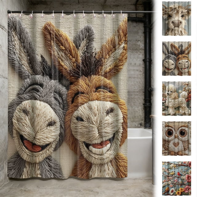 Bowayaoa Faux Embroidery Printed Shower Curtain, No Punch Bathroom Waterproof Curtain, Moldproof & Water Resistant Hanging Curtain with Rustproof Grommets