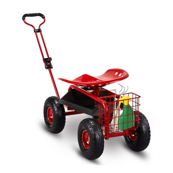 Rolling Garden Work Seat with Wheels, Garden Scooter with 360 Degree Swivel Seat & Extendable Handle & Tool Tray, Gardening Stool for Planting, Red