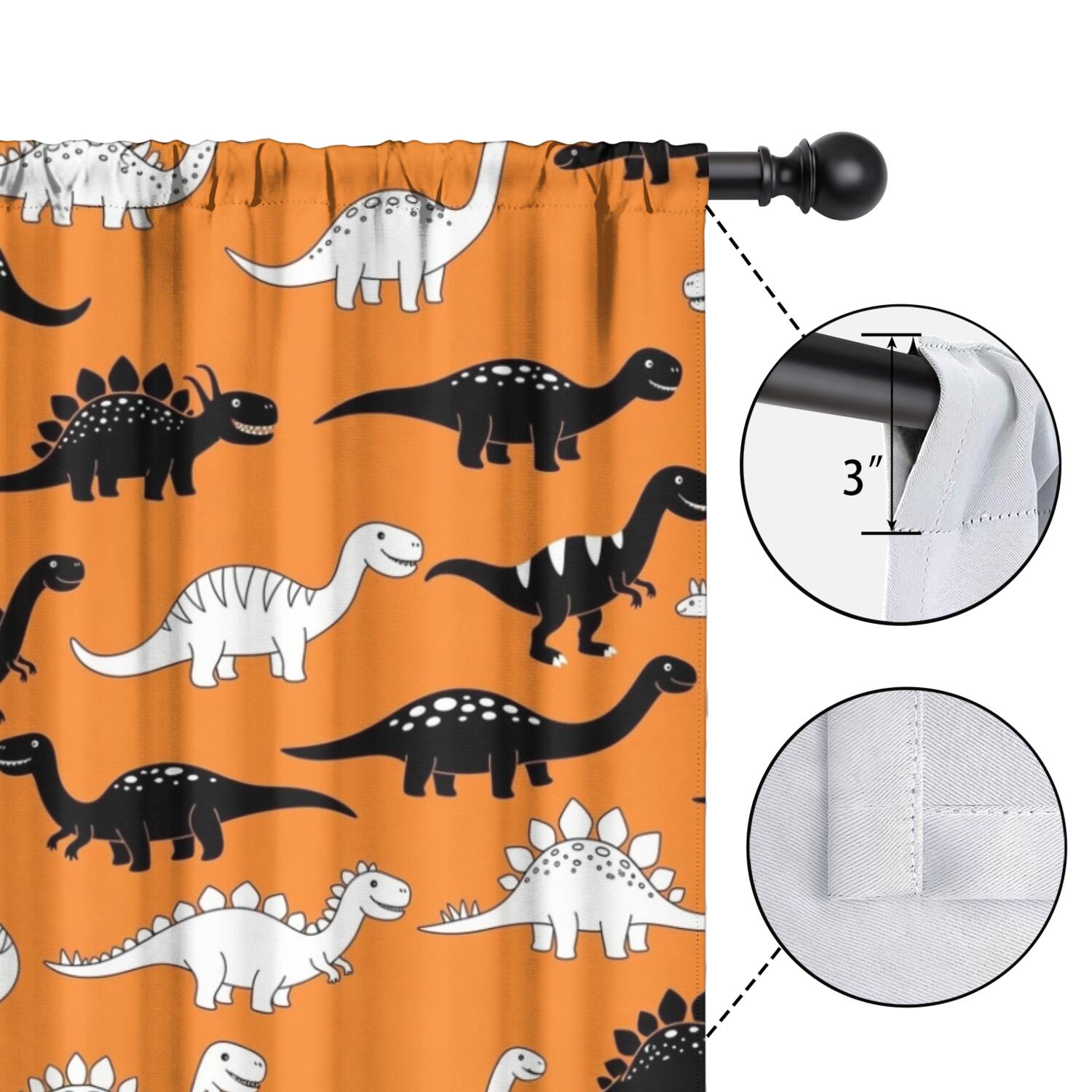 Blackout Kids Curtains,Orange Cartoon Black White Dinosaurs Pattern Childrens Insulated Curtains Set Of 2,Bedroom Essentials,Toddler Room Decor 52"x84"