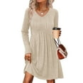 thumbnail image 2 of Women's Dress Long Sleeve V-Neck High Waist Elastic Ribbed Striped with Pocket Midi Dress for Spring Fall Casual,Beige,L, 2 of 7