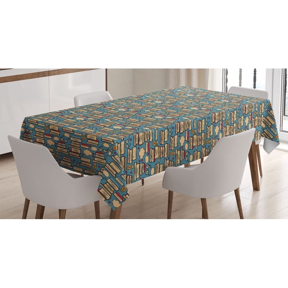 Geek Tablecloth, Repeating Pattern with Stack of Books Combined with Hearts Coffee and Nerd Glasses, Rectangle Satin Table Cover Accent for Dining Room and Kitchen, 52" X 70", Multicolor, by Ambesonne