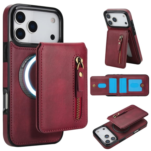 Compatible with Magsafe 2 in 1 Detachable for iPhone 17 Pro Max Wallet Case with Card Holder Women Men,Magnetic PU Leather RFID Blocking Back Flip Stand Zipper Slot Shockproof Cover, Winered