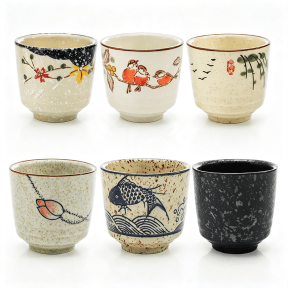 NORIZF 6Pcs Japanese Tea Cups,6 Oz Ceramic Coffee Cup,No Handle Teacup Matcha Mug with Good Heat Retention for Latte,Juice,Gift,Dishwasher Safe Tea Cup for Matcha Cup