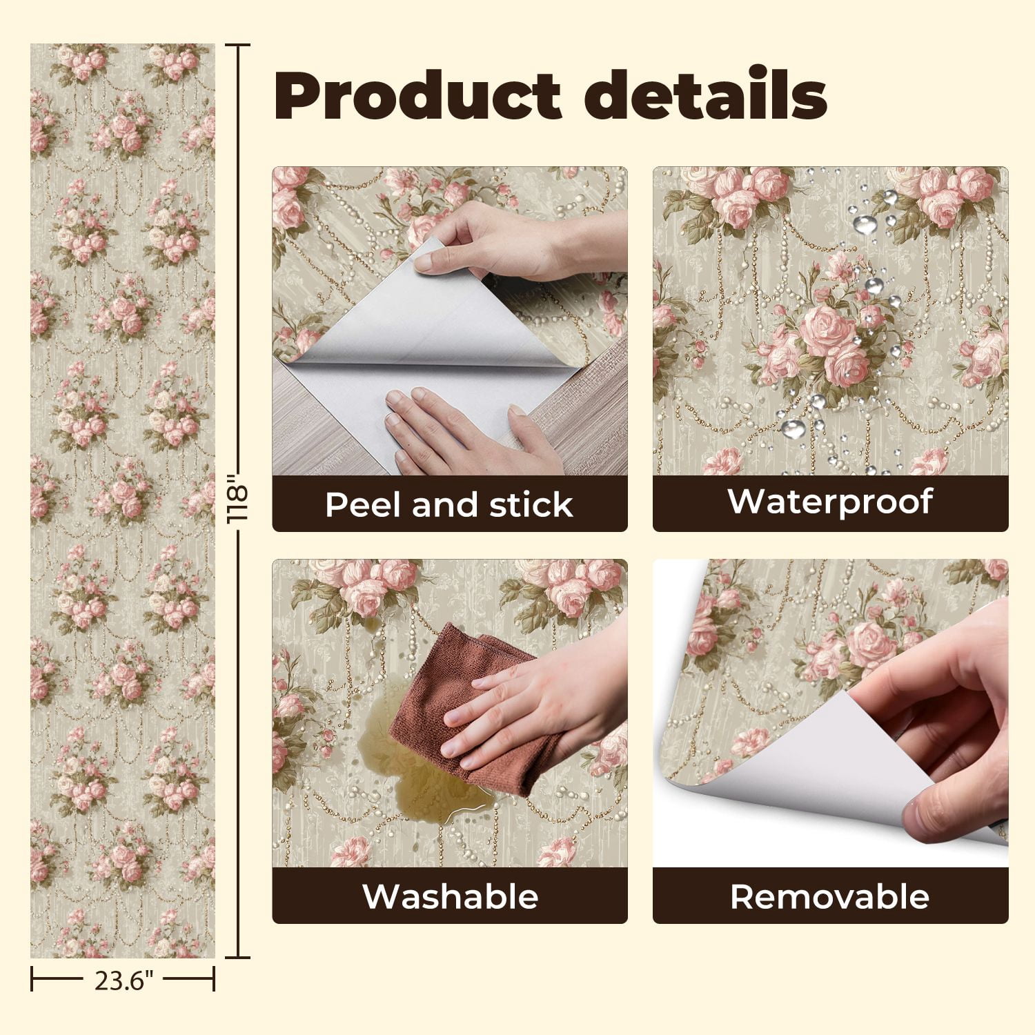 Peel and Stick Wallpaper Vintage Floral Rose Pearls Gold Accents Wall Mural 23.6in x 9.8ft Self Adhesive Removable Wall Paper Renter Friendly Wallpaper for Bedroom
