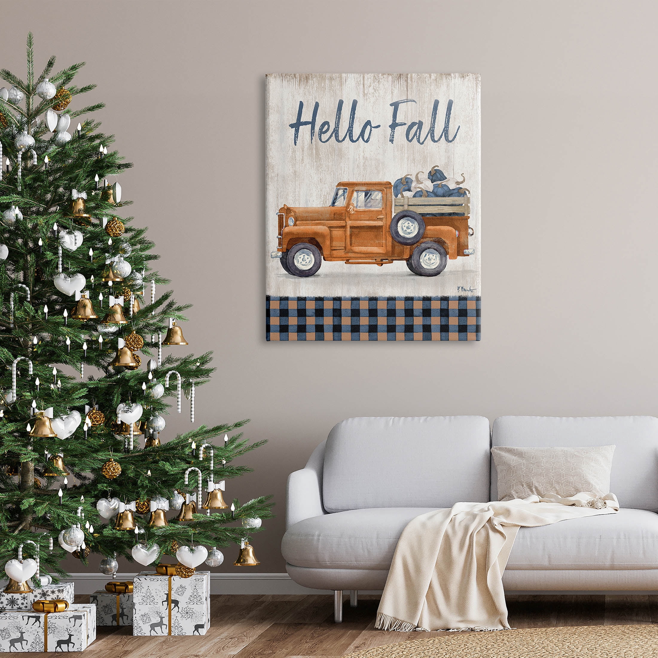 Stupell Industries Hello Fall Plaid Pumpkin Truck Graphic Art Gallery Wrapped Canvas Print Wall Art, Design by Paul Brent