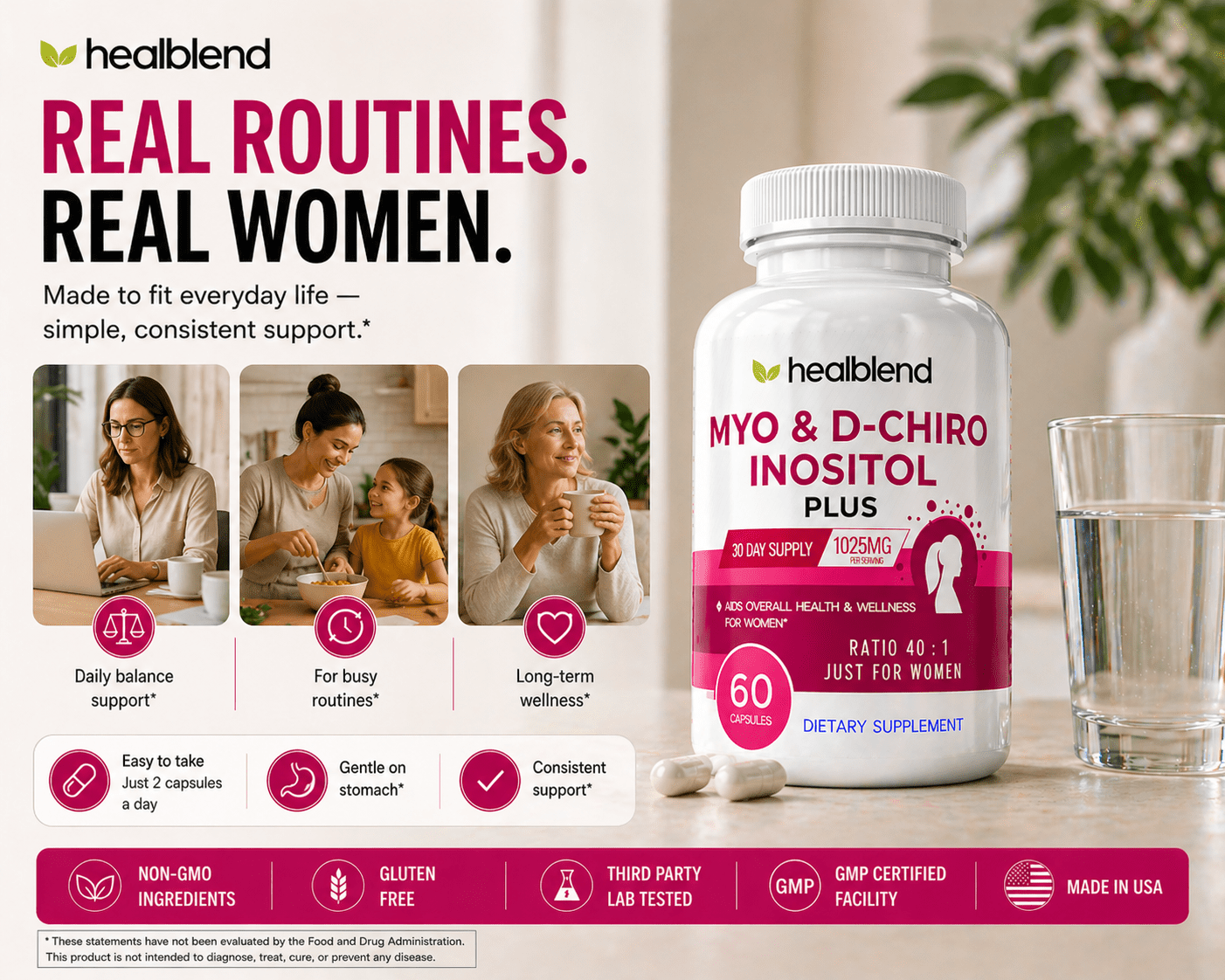 Healblend Myo Inositol & D-Chiro Inositol Plus Supplement - Support Hormonal Balance, Fertility & Healthy Ovarian Function for Women - 60 Capsules