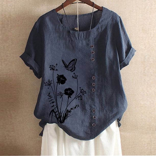 ICHUANYI Clearance Women's Summer Casual Round Neck Short Sleeve Printing Loose Shirt Tops(Navy, XL) ICHUANYI WER2023081100467