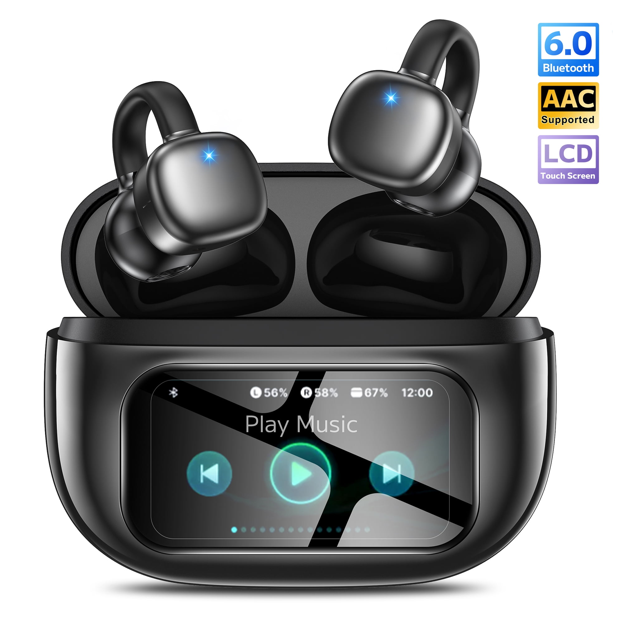 Open-Ear Headphones, Wireless Clip On Earbuds with Touch Screen Charging Case 60H Playtime, Bluetooth 6.0, IPX7 Waterproof, Lightweight Comfort, Stable Fit, Open-Ear Safety Design for Workout/Running