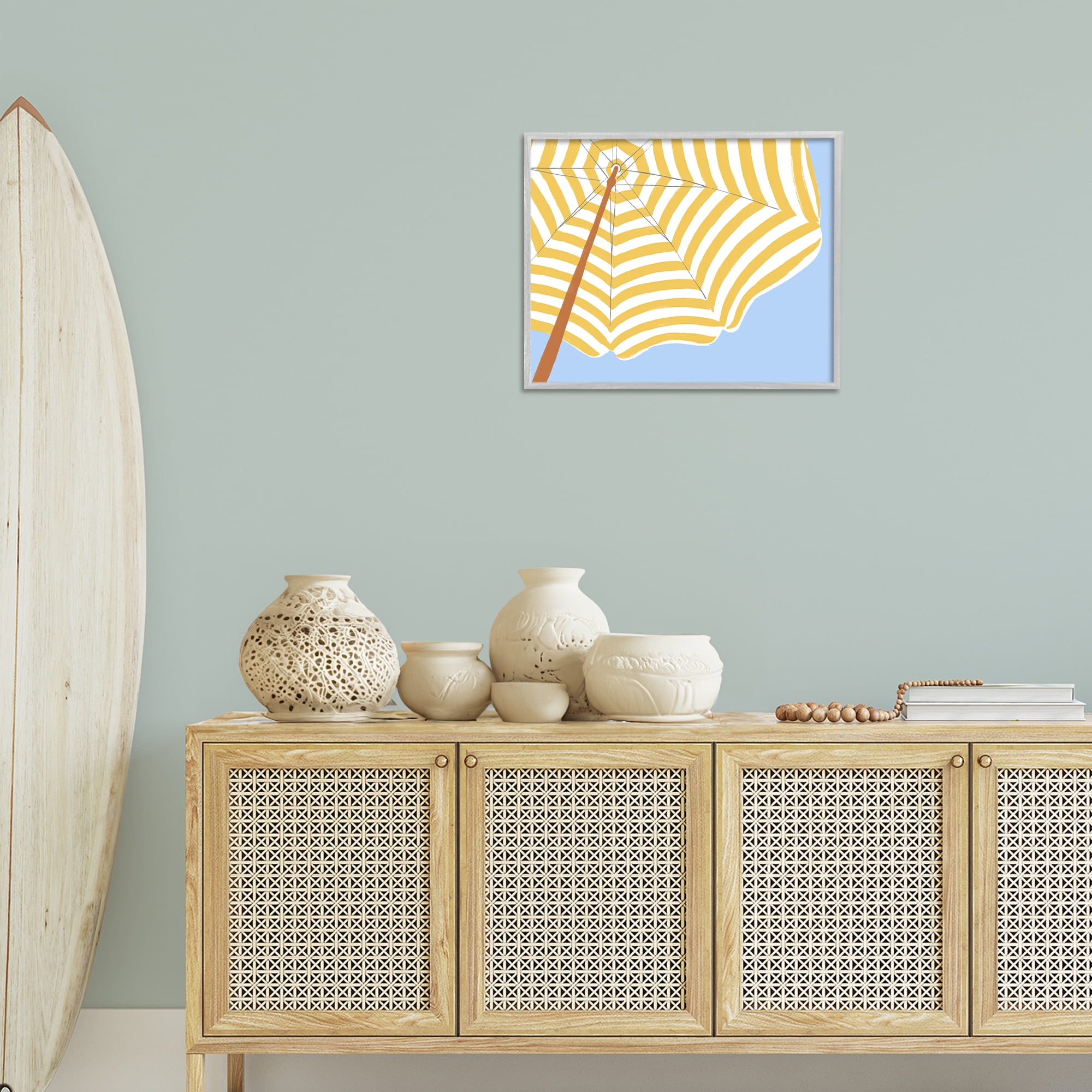 Stupell Industries Yellow & White Umbrella Coastal Painting Gray Framed Art Print Wall Art, 20 x 16