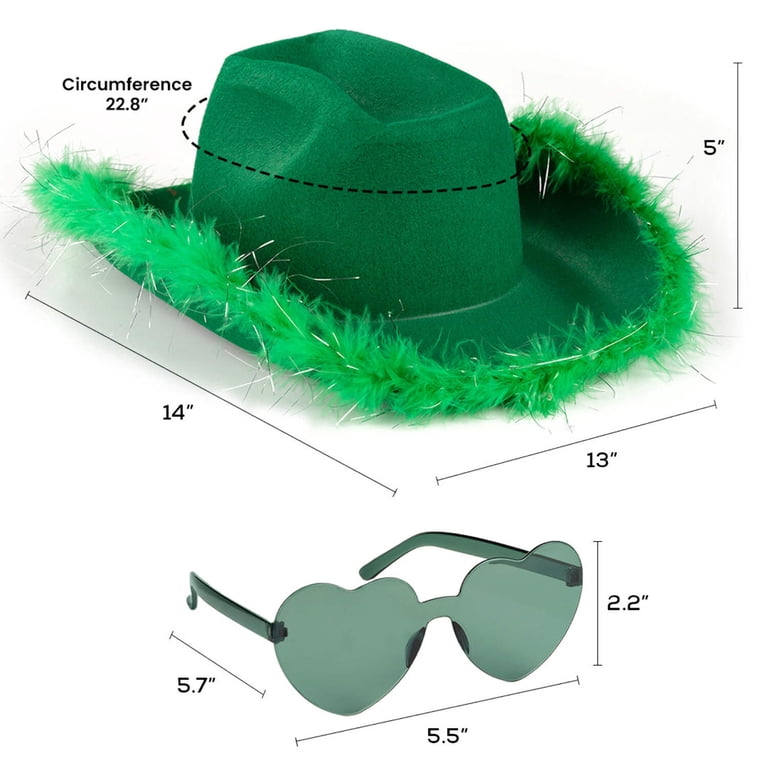 HYMBCFW Cowboyhut-Set In Grün – Mit Federschal & Herzbrille, Für Cosplay, Karneval & Partys