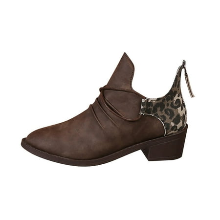 

Womens Winter Boots Women Boots Vintage Women Slip On Ankle Boots Pointed Toe Round Head Thick Heel Short Shoes Brown