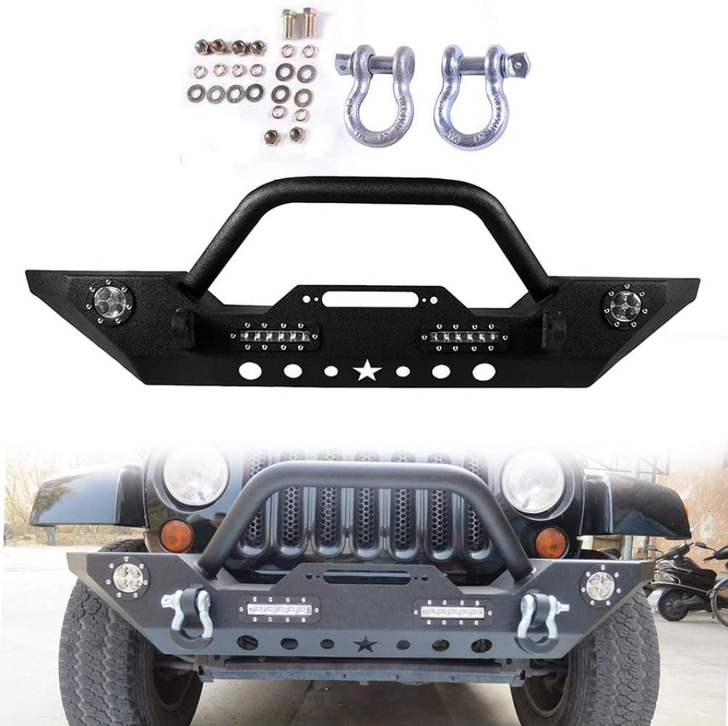 OCPTY Front Bumper with D-ring & LED Lights & Winch Plate fit for 2007-2018 for Jeep Wrangler JK Texture Black 