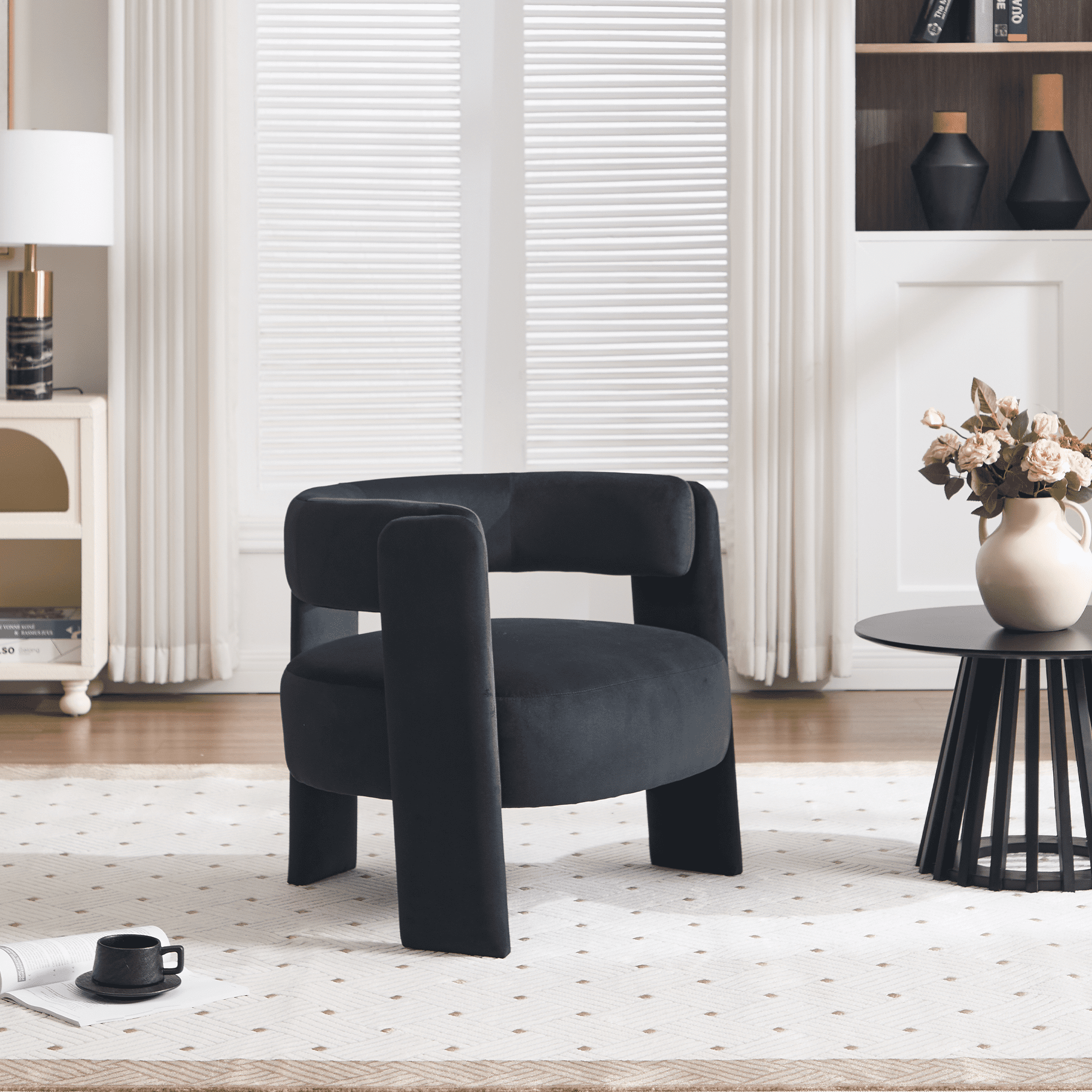 Aukfa Modern Velvet Barrel Accent Chair with 8.66" Thick Seat Cushion, Upholstered Armchair with 300 lb Weight Capacity for Living Room,Black