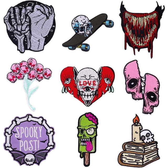 Parche bordado, 9 piezas de calavera para planchar, parches para coser, parches para planchar para manualidades de Halloween, costura y otras telas