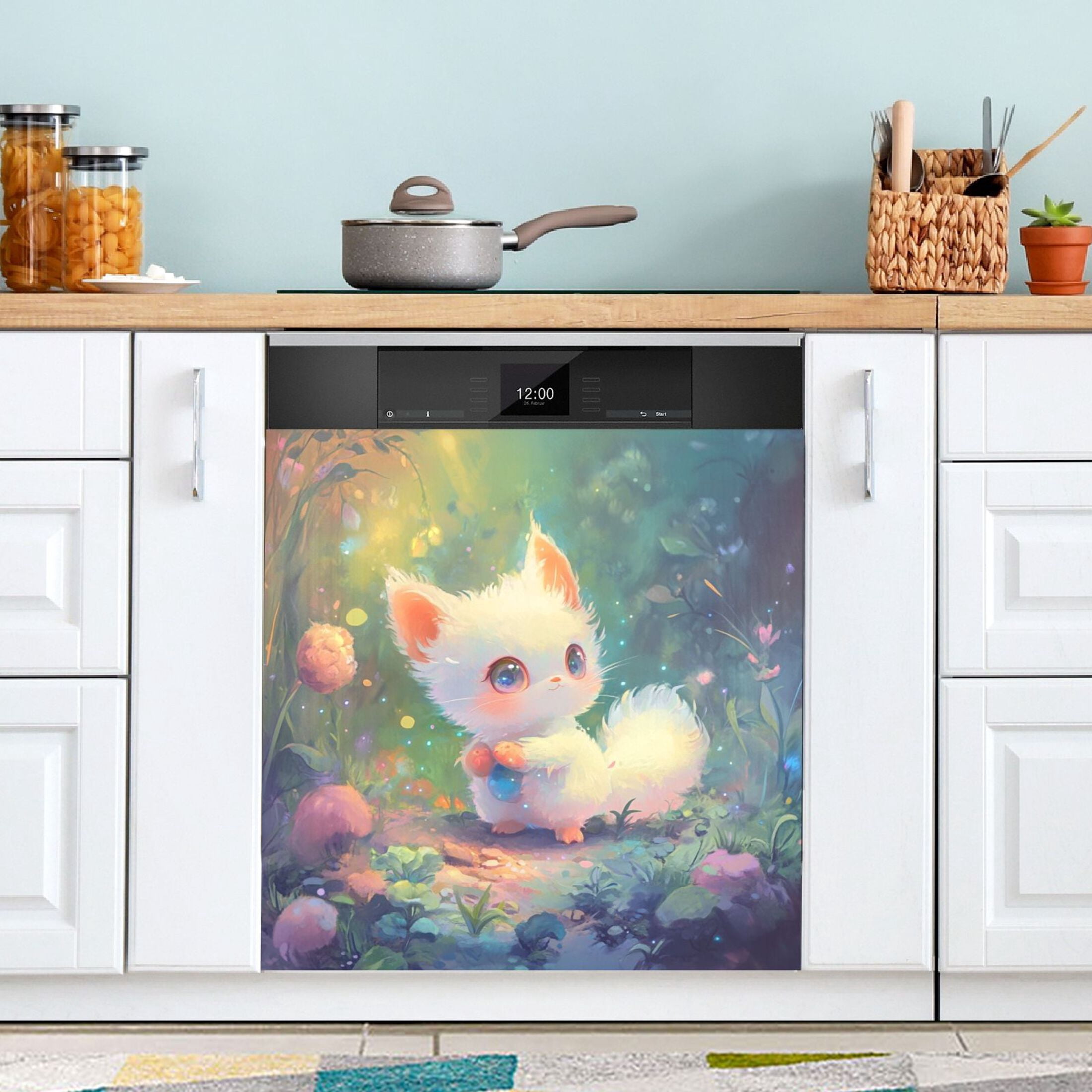 Dishwasher Magnetic Sticker 23x26 Inch Refrigerator Magnetic Sticker Washing Machine Magnetic Sticker Kitchen Panel Magnetic Sticker Home Decor Cartoon Beautiful White Fox