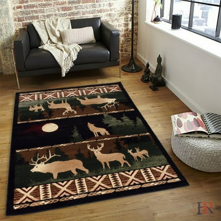 Hr Deers Wolf And The Moon Rustic Cabin Area Rug Dark Green And