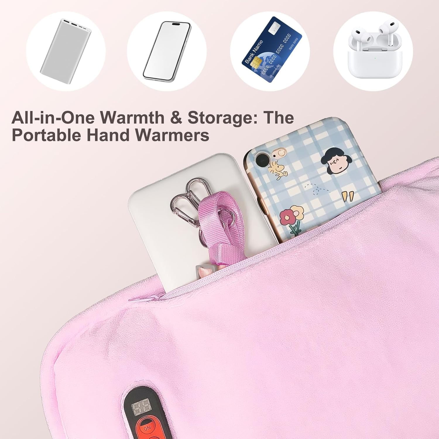 ELORTI Hand Warmers Pouch Rechargeable with 10000mAh Power Bank, 6 Levels Graphene Heated Handwarmer Bag, Double-Sided Heating for Outdoor Fishing Hiking Hunting Skiing, Pink