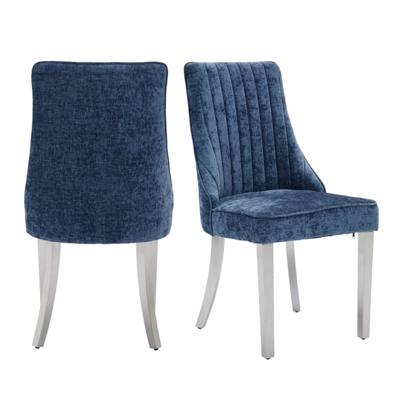 HUTWIFE Blue Dining Chairs Set of 2,Chenille Fabric Upholstered Dining Chairs with Silver Stainless Steel Legs, Modern Kitchen Chairs for Dining Room, Kitchen