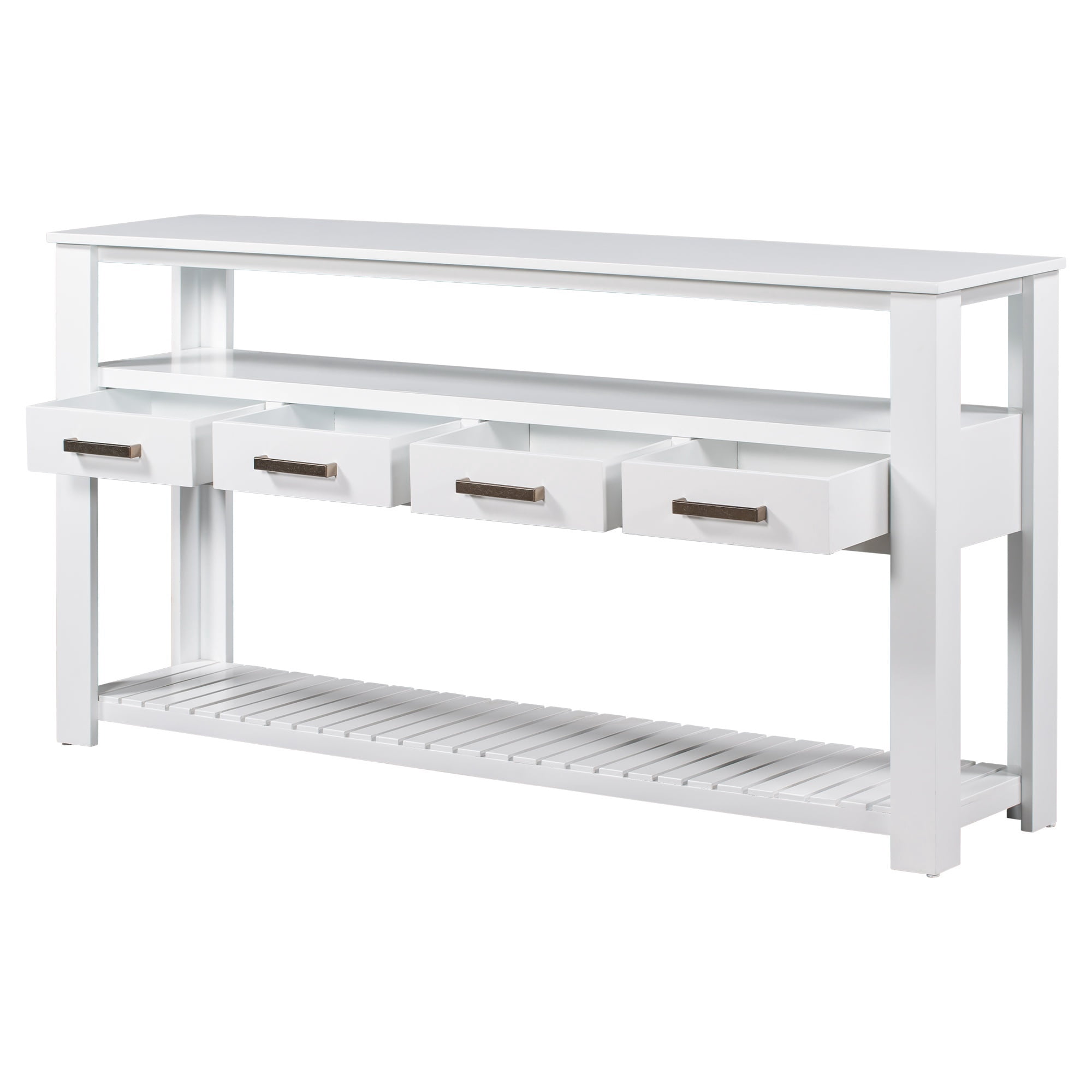 3-Tier Storage Console Table with 4-Drawer, Long Entryway Cabinet DisplayTable with Open Shelf, Versatile Sofa Table with Pine Legs