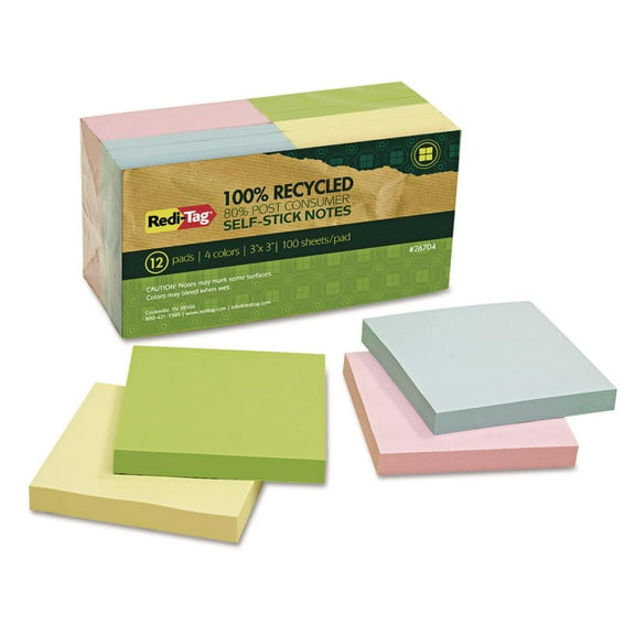 Redi-Tag 100% Recycled Notes 3 x 3 Four Colors 12 100-Sheet Pads/Pack 26704