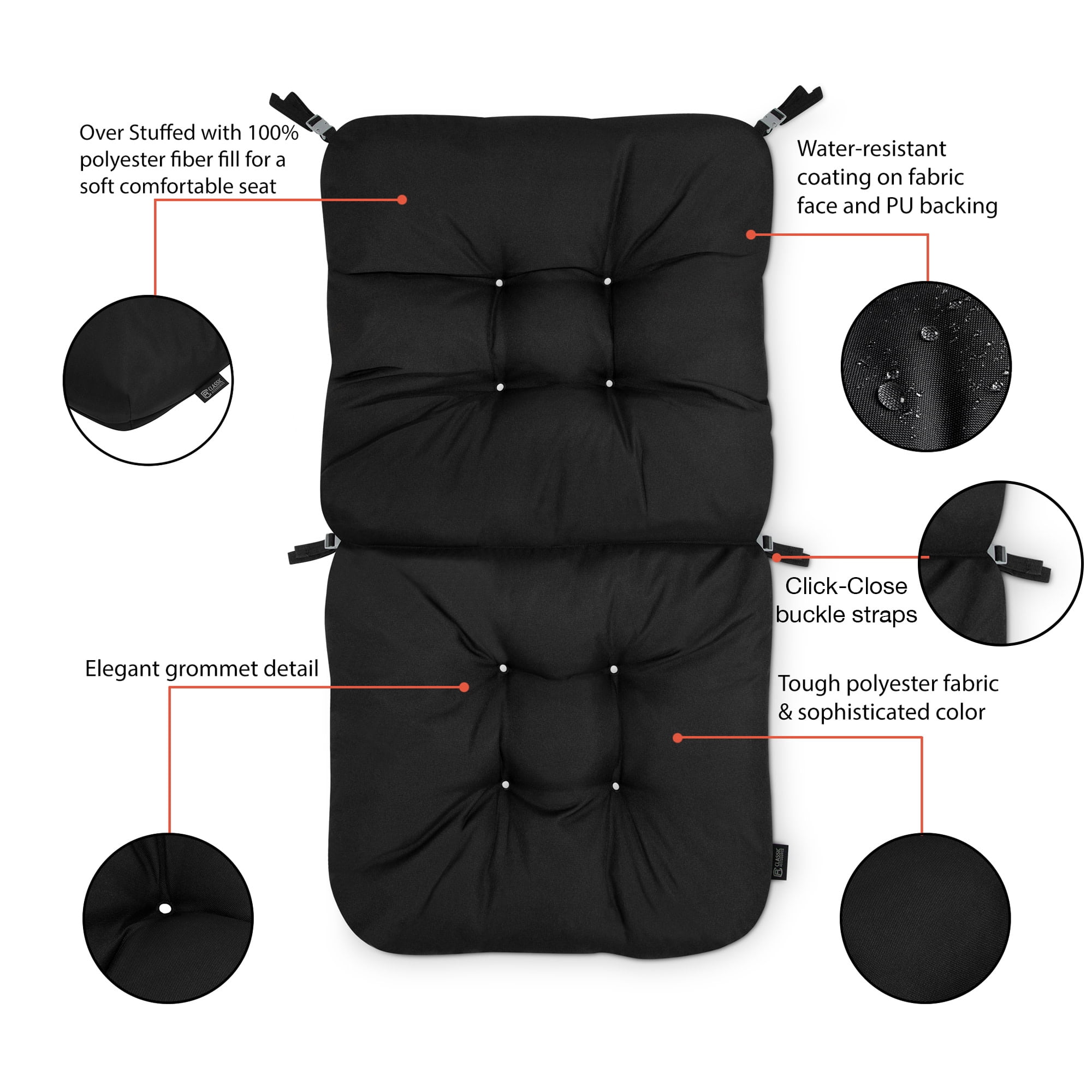 Patio Chair Cushion, Black, Solid, 21”W x 19”D (seat) x 22.5”H (back)