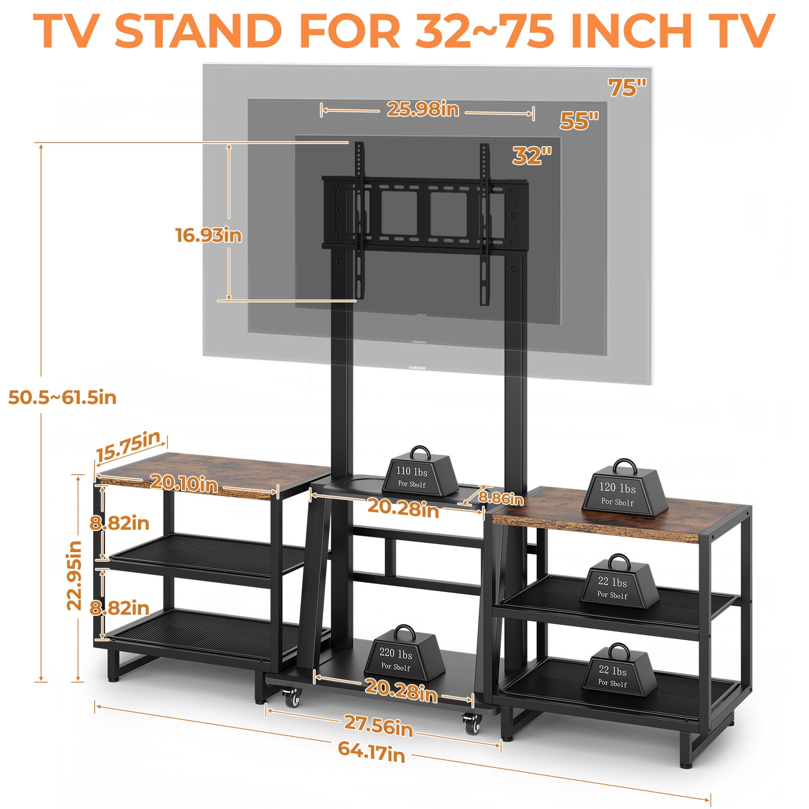 Rolling TV Stand with Storage Shelf for 32-75'' Screen, Mobile TV Stand Height Adjustable Entertainment Center for Living Room Bedroom Office