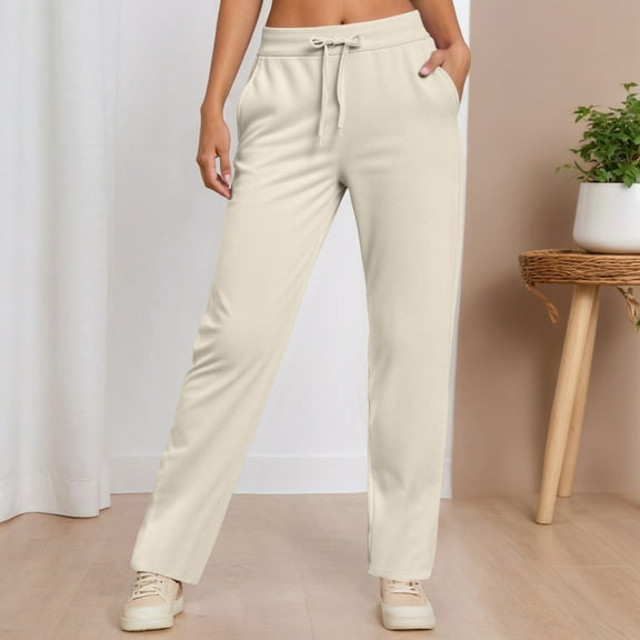 Plus Size Wide Leg Pants for Women Solid Color Mid Waisted Straight Leg Pants Elastic Waistband Comfortable Trousers Travel Hiking Fall Pants with Pockets