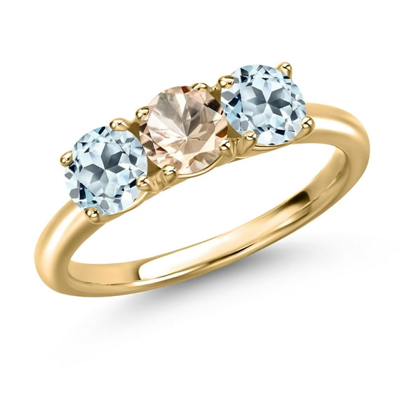 Gem Stone King 10K Yellow Gold Peach Morganite and Sky Blue Topaz Engagement Ring for Women | 1.80 Cttw | Round 5MM | Gemstone October Birthstone | Size 9