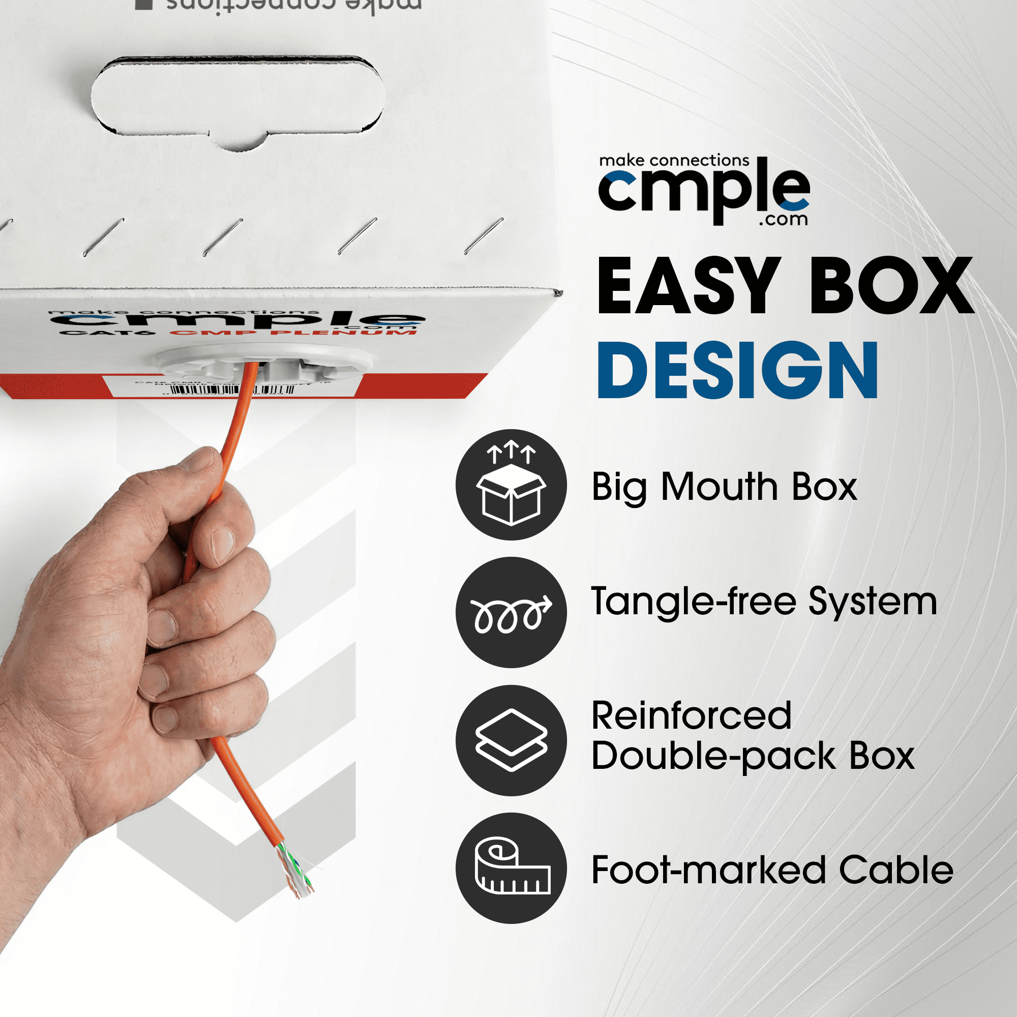 Cmple Cat6 Ethernet Cable 1000ft Plenum CMP 23AWG 550MHz UTP Solid 10Gbps PoE In-Wall Rated Bulk LAN Network Cable DSX-8000 Tested Pull Box - Orange