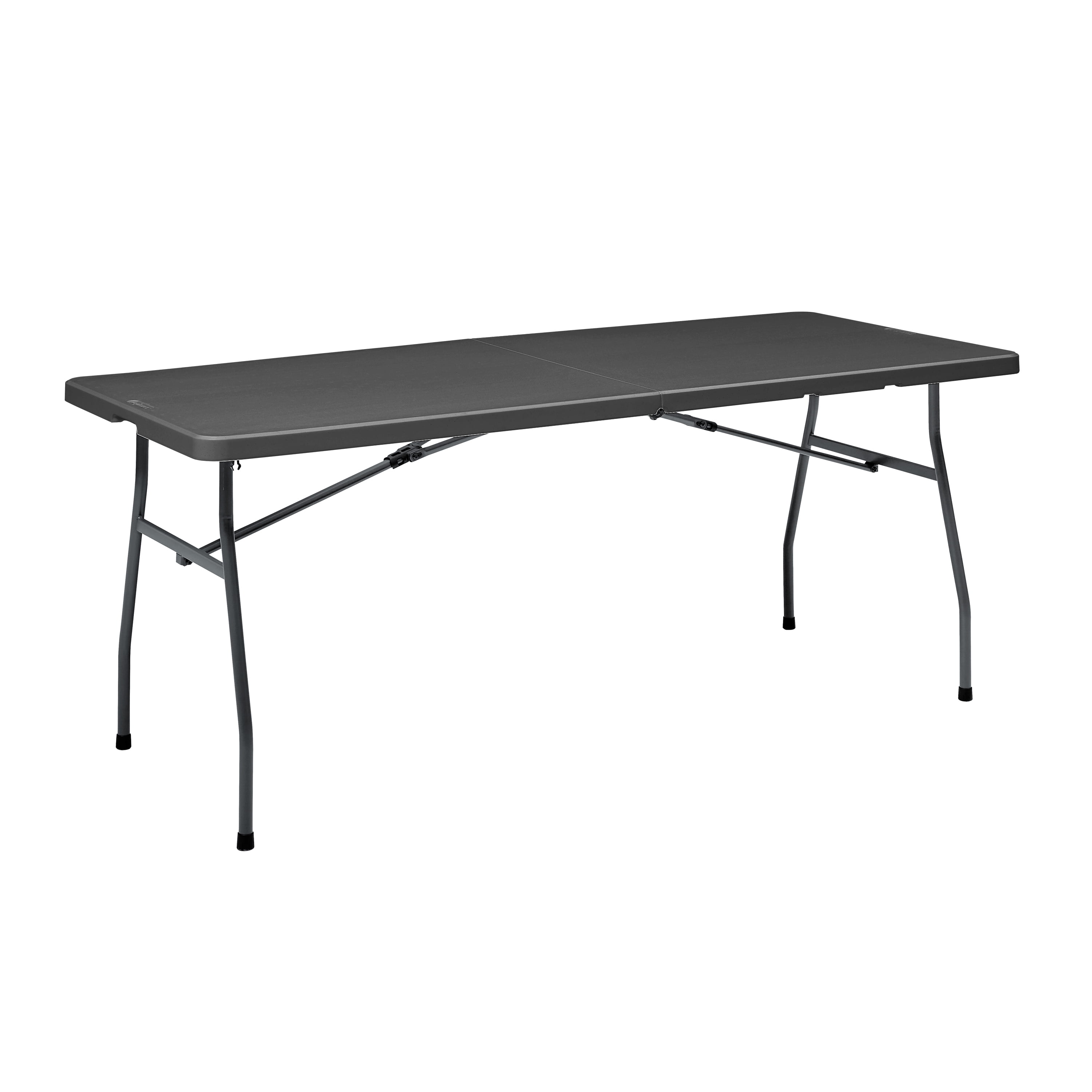 Mainstays Black 6 Foot Fold-in-Half Plastic Table, Indoor Outdoor, Scratch Resistant, Stain & UV Damage, Built-in Carry Handle
