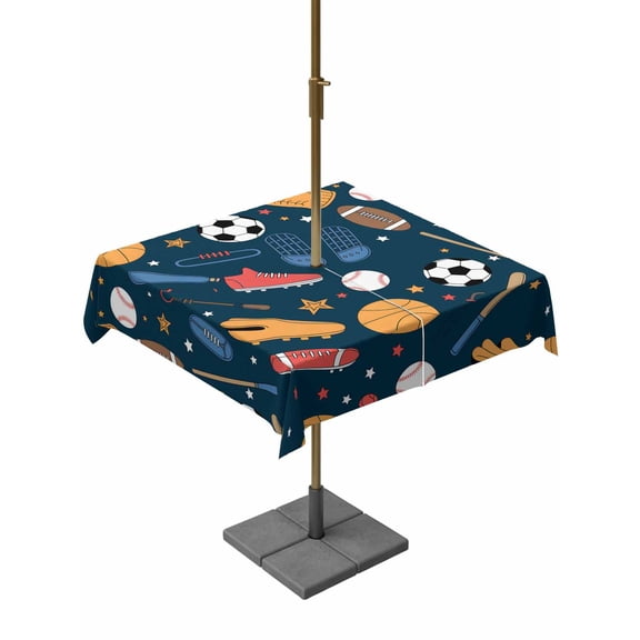 Outdoor Tablecloth with Umbrella Hole, Cartoon Sports Elements Zippered Table Cloth for Rectangle Tables, Soccer Baseball Rugby Washable Waterproof Tablecloths for Picnic Patio Garden