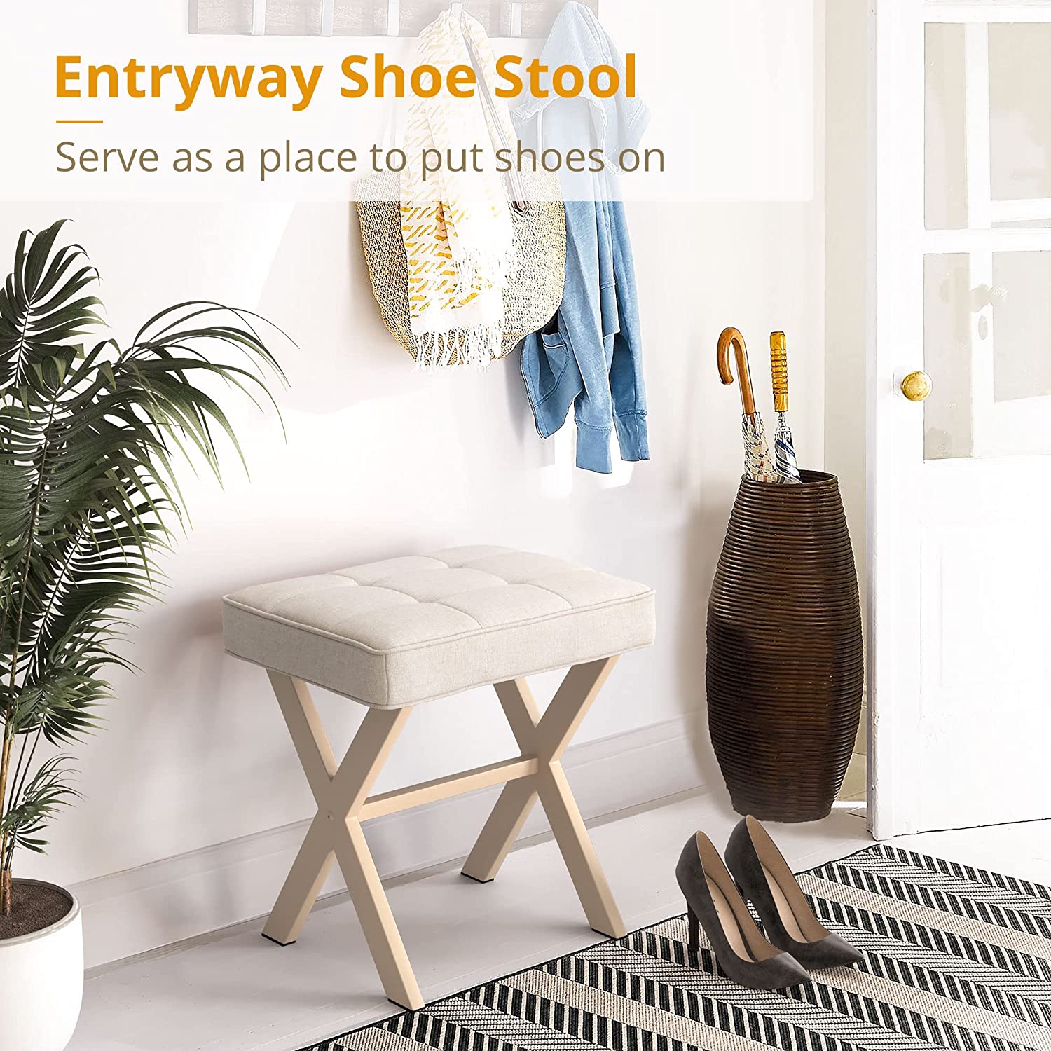 Dycanpo Vanity Stool with Metal X Legs, Sand photo 2
