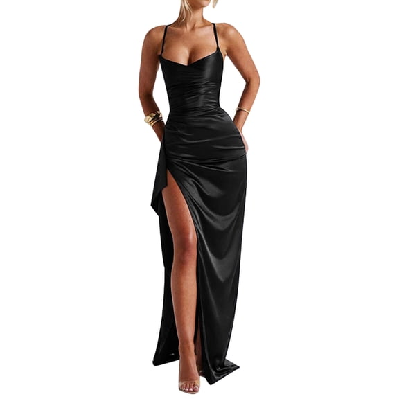 Sexy Backless Summer Dress Women 2025 Satin Party Long dress Elegant Evening Birthday Maxi Dress Black L