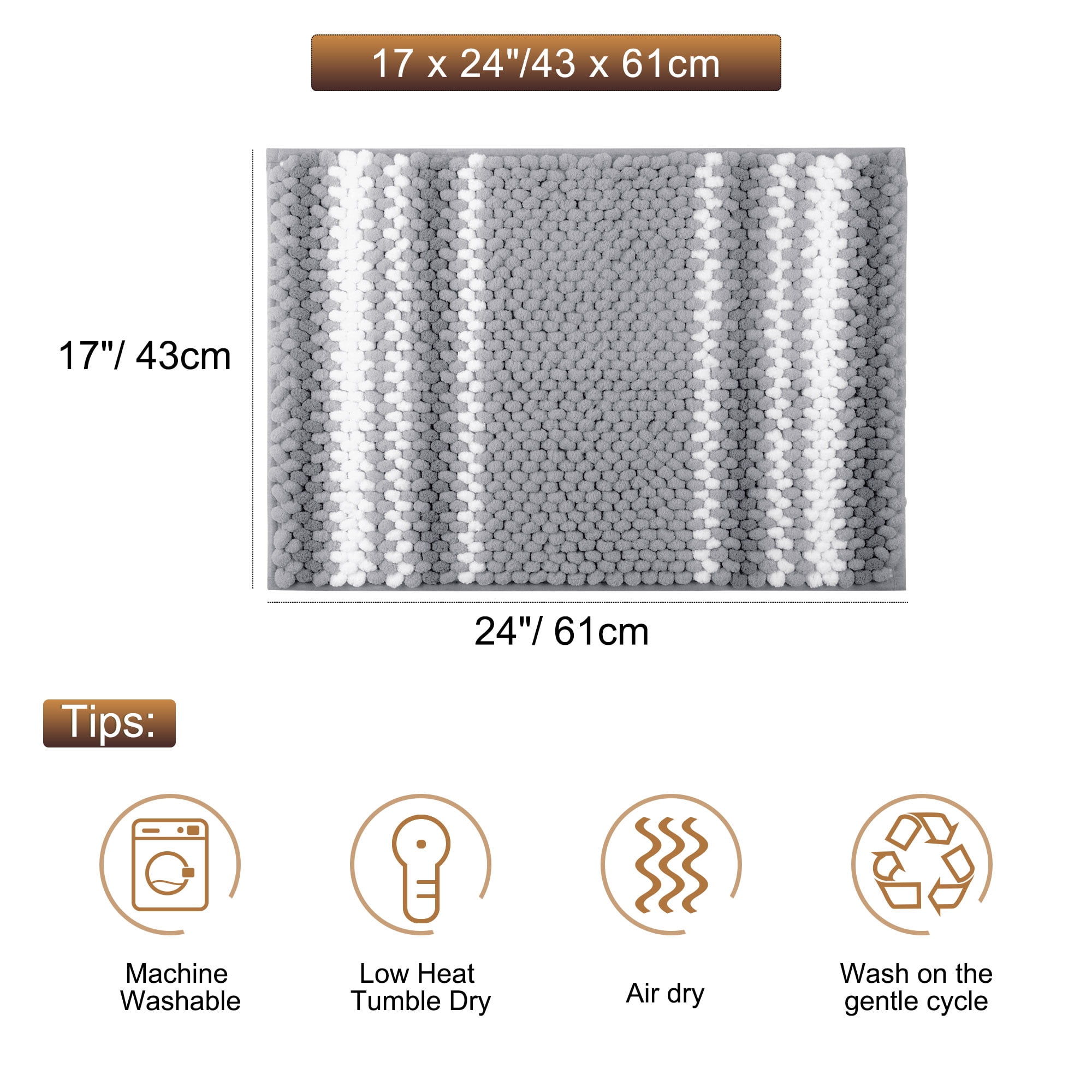Unique Bargains Chenille Bathroom Rug Set of 2 Soft Fluffy Striped Bath Mat Dark Gray 17"x24"