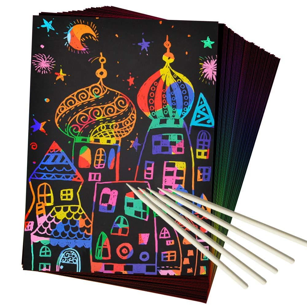 ZMLM Scratch Art Set, 50 Piece Rainbow Magic Scratch Paper for Kids