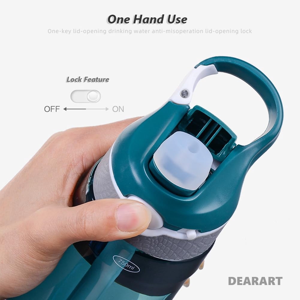 24oz Water Bottles With Straw, Leakproof BPA FREE Hidden Nozzle, Flip Up Lid Has Handle Wide Bottle Easy Clear, Suit Office Sports Travel Gym Yoga, Dark Cyan