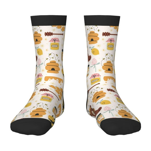 Wukai Cute Bee Honey Jar Hive Bear for Children's Mid-tube Socks, Elastic Contrast Color Sports Socks, Suitable for Boys and Girls Aged 6-10