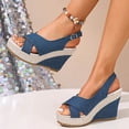 thumbnail image 2 of Wedges Heels for Women Open Toe Denim Platform Sandals Antislip Casual Ankle Strap Summer Pumps Dress Shoes Blue Size 7, 2 of 8