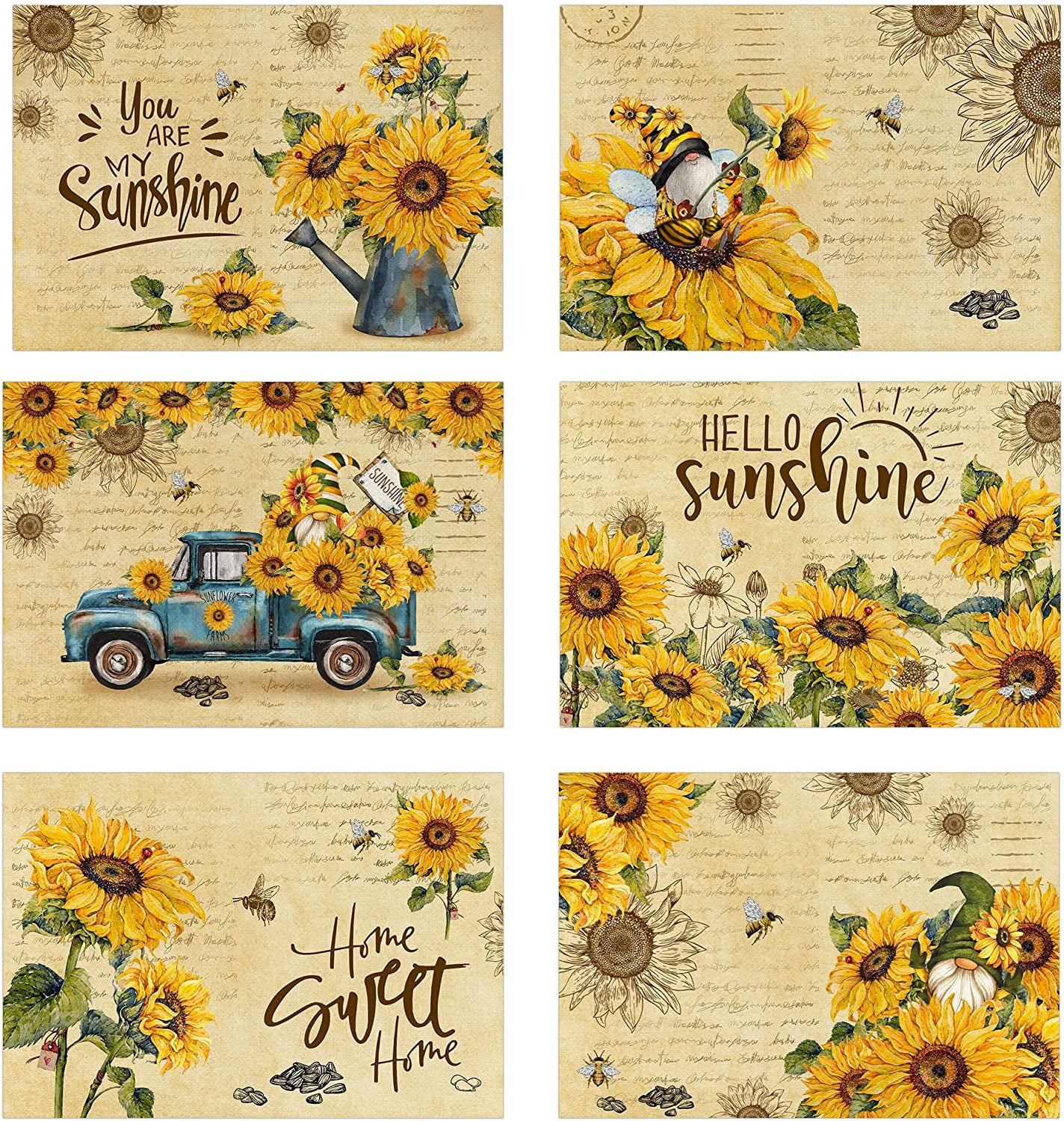 SPXUBZ Placemats, Vintage Sunflower Bee Gnome Kettle Truck You Are My