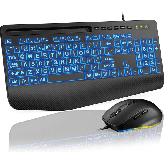 Wired Keyboard & Mouse Combo, 4X Large Print RGB Backlit Keys with Palm Rest, Ergonomic USB Plug & Play Set for Seniors Students PC Laptop Mac Home Office