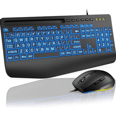 Wired Keyboard & Mouse Combo, 4X Large Print RGB Backlit Keys with Palm Rest, Ergonomic USB Plug & Play Set for Seniors Students PC Laptop Mac Home Office