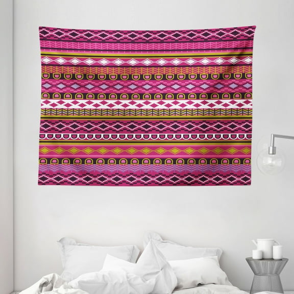 Pink Tapestry, Traditional African Motifs and Borders Ethnic Tribal Accents Vintage Native Folk Art, Wall Hanging for Bedroom Living Room Dorm Decor, 80W X 60L Inches, Multicolor, by Ambesonne